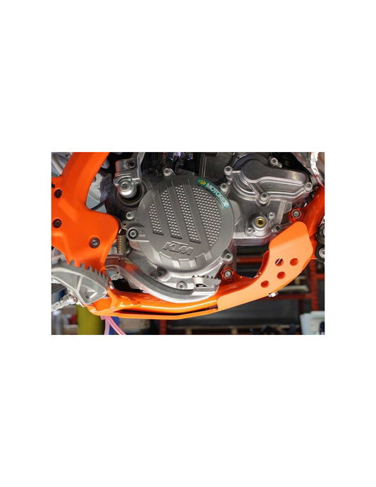 Right side of the orange HDPE plastic skid plate for KTM 85SX