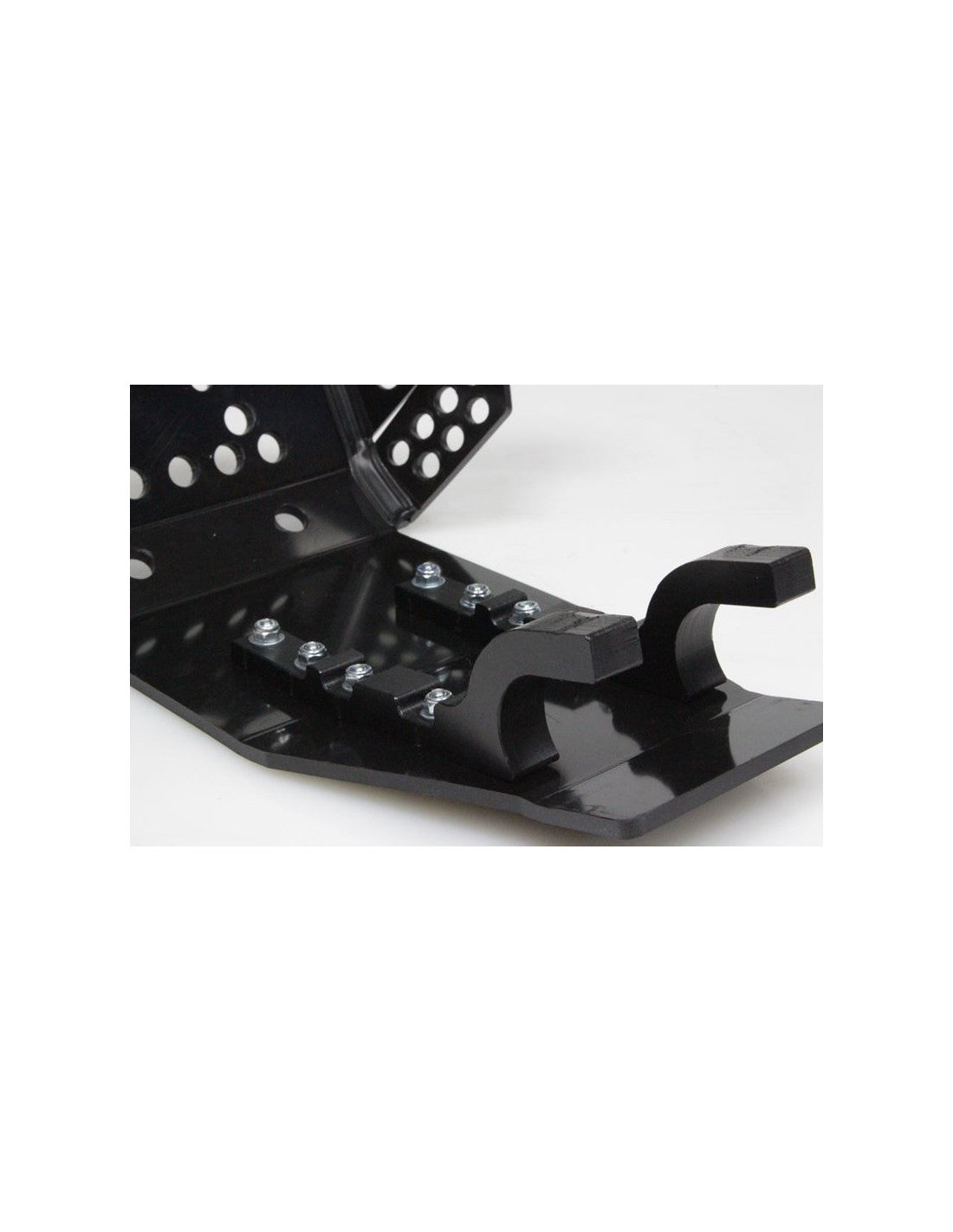 Close up view of the black 6mm HDPE plastic skid plate fixations for Suzuki RMZ450