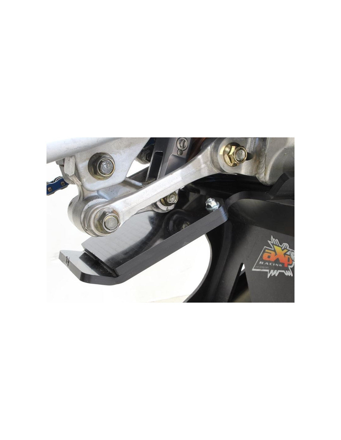 Vue rapprochée de la protection de biellette du sabot noir en plastique PEHD pour TM Racing 250 - 300