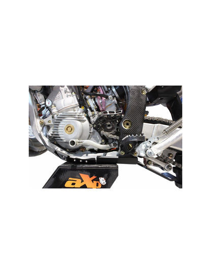 Left side of the black HDPE plastic skid plate with linkage guard for TM Racing 250 - 300