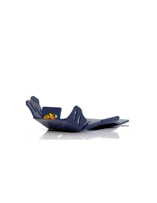 Left side of the blue HDPE plastic skid plate with linkage guard for Husqvarna TC250 - TX300