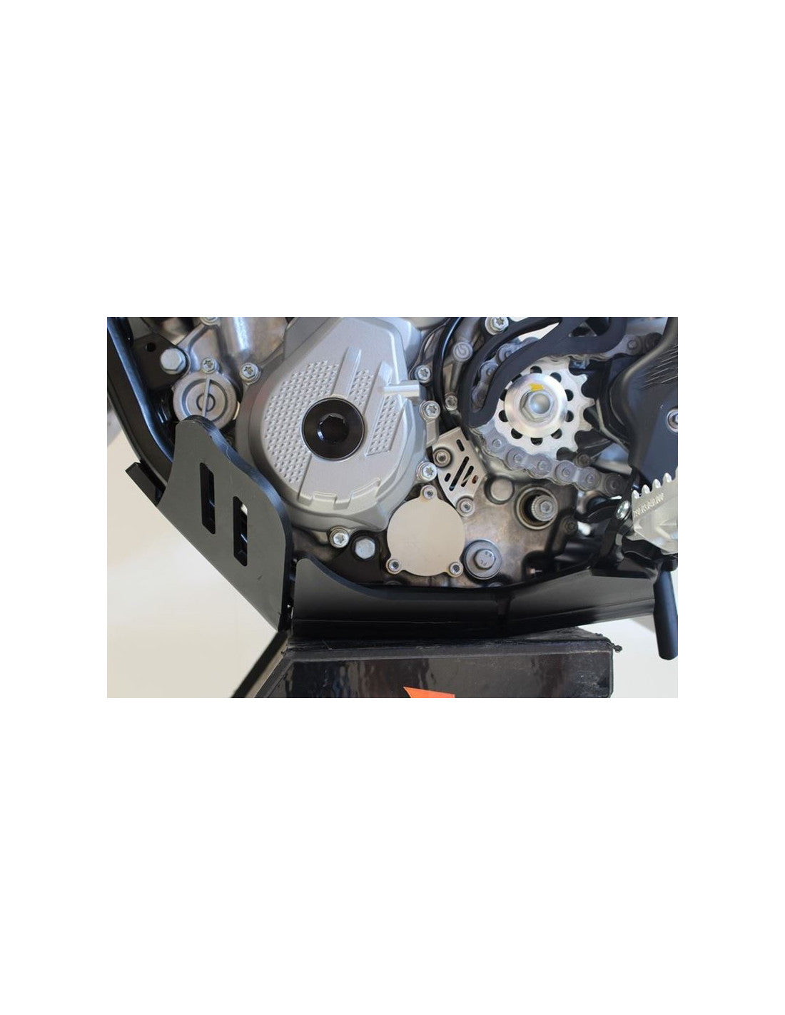 Left side of the black HDPE plastic skid plate with linkage guard for KTM - Husqvarna 250 / 350MX 4T