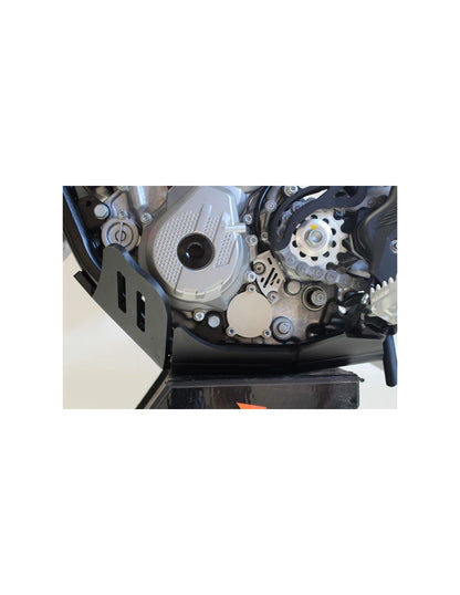Left side of the black HDPE plastic skid plate with linkage guard for KTM - Husqvarna 250 / 350MX 4T