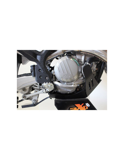 Right side of the black HDPE plastic skid plate with linkage guard for KTM - Husqvarna 250 / 350MX 4T
