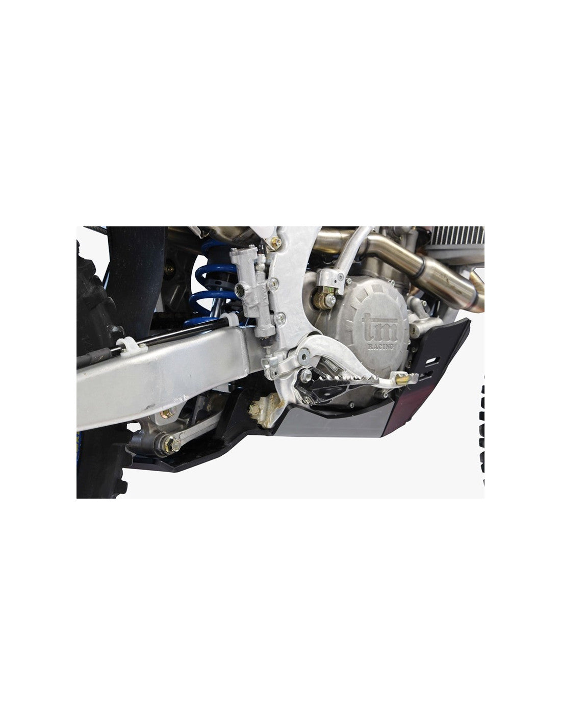 Right side of the black HDPE plastic skid plate with linkage guard for TM Racing EN250Fi and EN300Fi