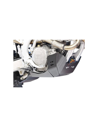 Right side of the black HDPE plastic skid plate with linkage guard for TM Racing EN250Fi and EN300Fi