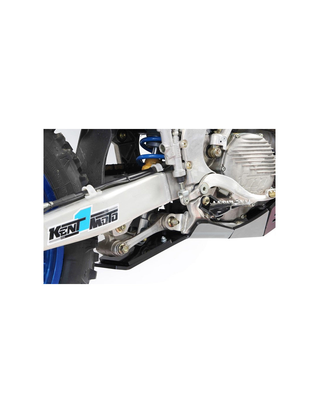 Left side of the black HDPE plastic skid plate with linkage guard for TM Racing EN250Fi and EN300Fi