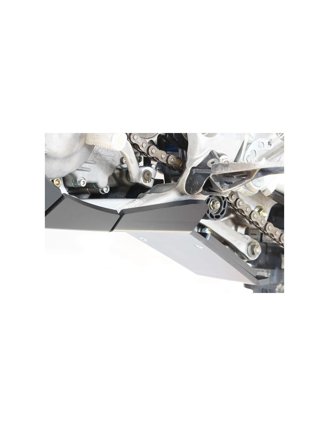 Vue rapprochée de la protection de biellette du sabot noir en plastique PEHD pour TM Racing EN250Fi et EN300Fi