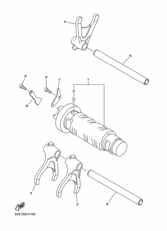 Yamaha 20S-18512-00 Fork, Shift 2 — shown on the Shift Cam & Fork parts diagram