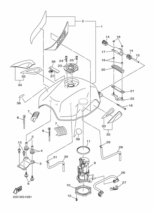 Yamaha 20S-2173U-00 . Tape 2 — shown on the Fuel Tank parts diagram