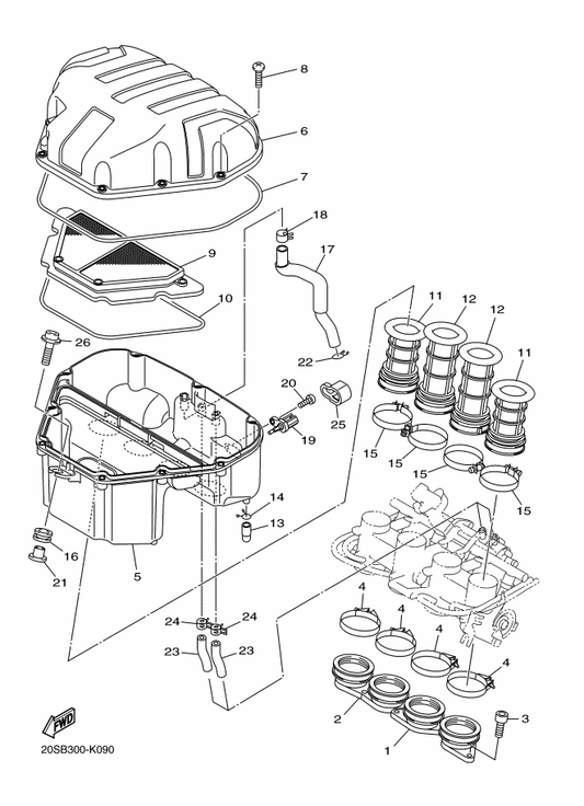 Yamaha 20S-13596-00 Joint, Carburetor 2 — shown on the Intake parts diagram