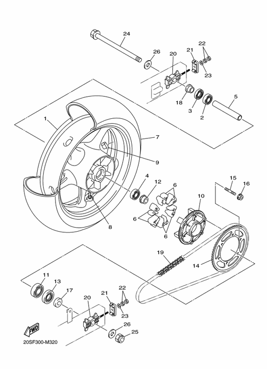 Yamaha 20S-25338-00-2X Cast Wheel, Rear — shown on the Rear Wheel parts diagram