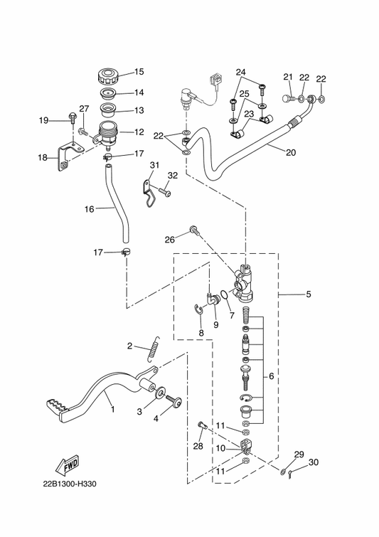 Yamaha 90111-06X11 Bolt,Hex. Socket Button — shown on the Rear Master Cylinder parts diagram