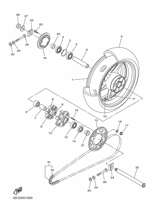 Yamaha 5LV-25364-00 Damper — shown on the Rear Wheel parts diagram