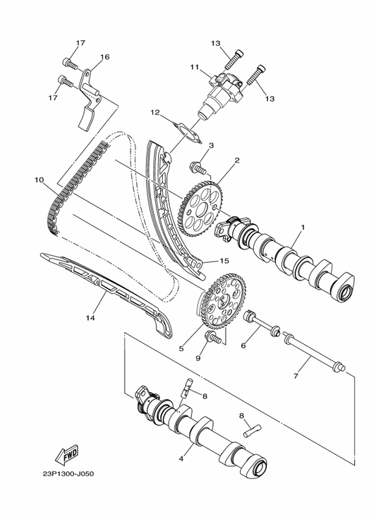 Yamaha 23P-12252-00 Damper, Chain 2 — shown on the Camshaft & Chain parts diagram