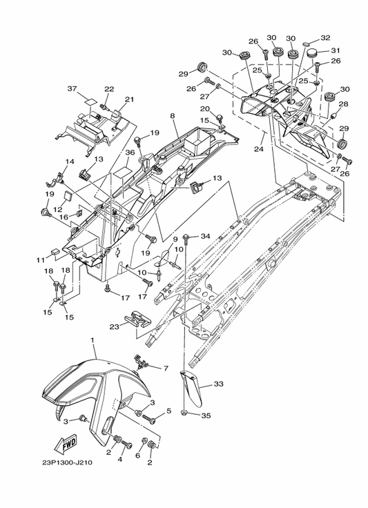 Yamaha 23P-21511-00-P1 Fender, Front — shown on the Fender parts diagram