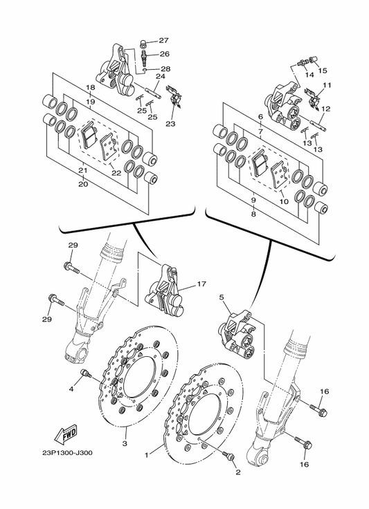 Yamaha 23P-2580U-10 Caliper Assy (Right) — shown on the Front Brake Caliper parts diagram