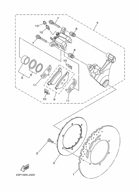 Yamaha 23P-2580W-00 Caliper Assy, Rear 2 — shown on the Rear Brake Caliper parts diagram
