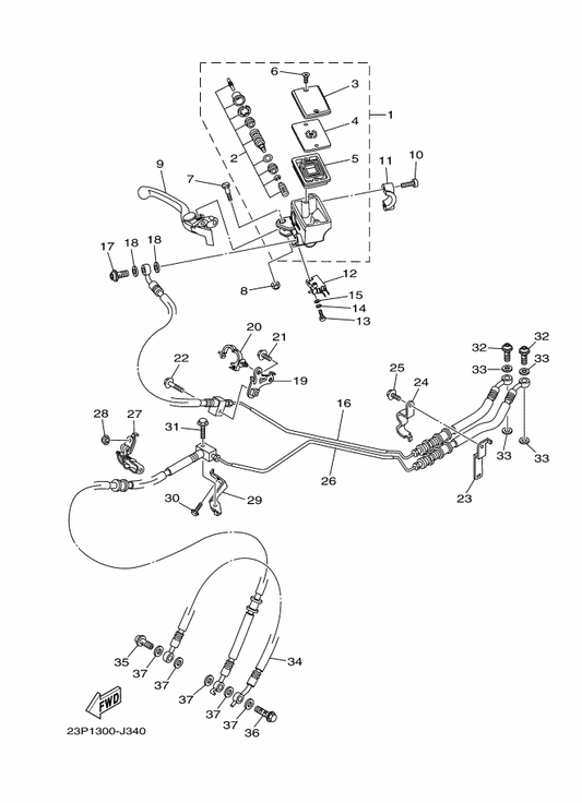 Yamaha 23P-2588G-00 Holder, Brake Hose 6 — shown on the Front Master Cylinder parts diagram