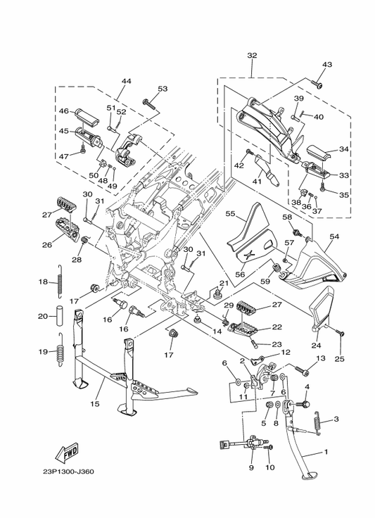 Yamaha 23P-27430-00 Rear Footrest Assy 1 — shown on the Stand & Footrest parts diagram