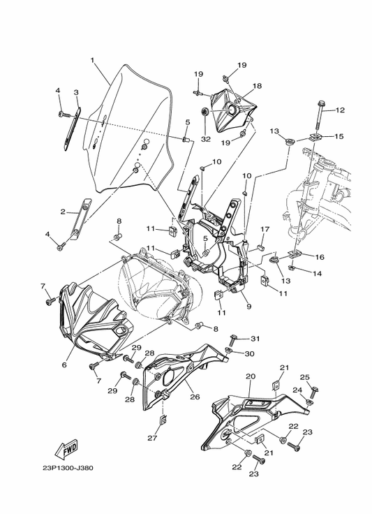 Yamaha 23P-28323-00 Washer, Leg Shield — shown on the Windshield parts diagram