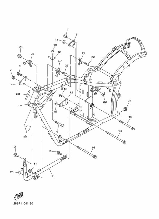 Yamaha 5S7-21280-10 Downtube Comp. — shown on the Frame parts diagram