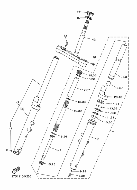 Yamaha 27D-23173-00 . Spindle, Taper — shown on the Front Fork parts diagram