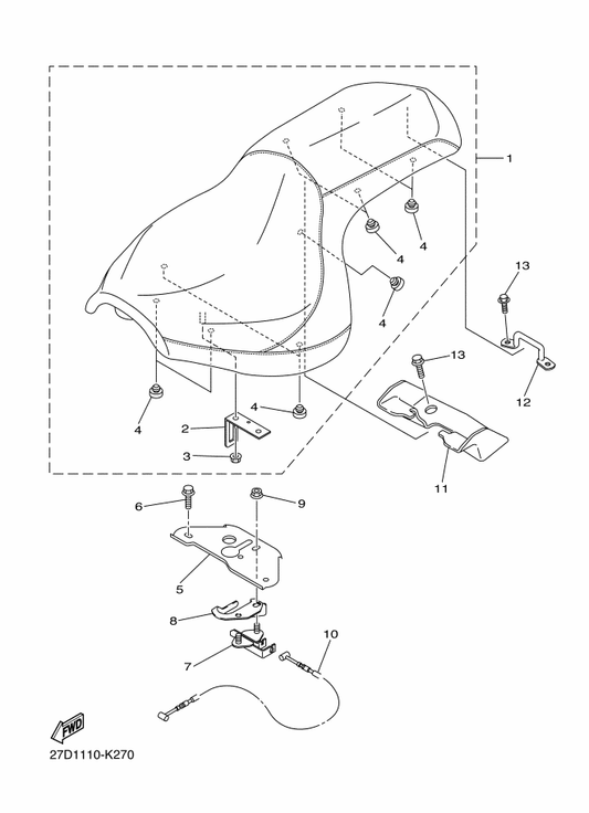 Yamaha 3D8-21341-10 Bracket, Seat 1 — shown on the Seat parts diagram
