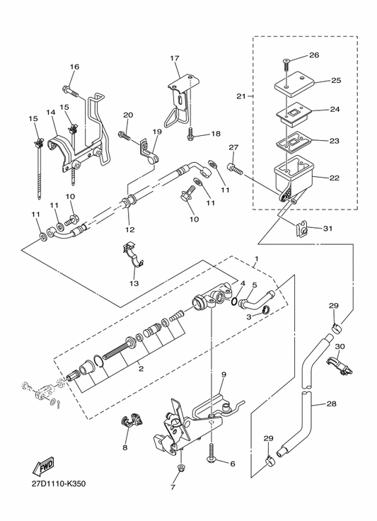 Yamaha 27D-27432-00 Bracket 1 — shown on the Rear Master Cylinder parts diagram