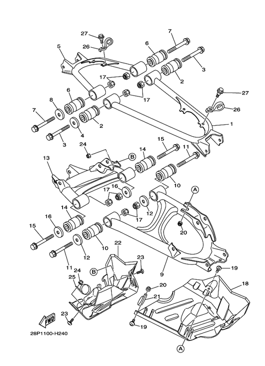 Yamaha 3B4-25875-00 Holder, Brake Hose 1 — shown on the Rear Arm parts diagram