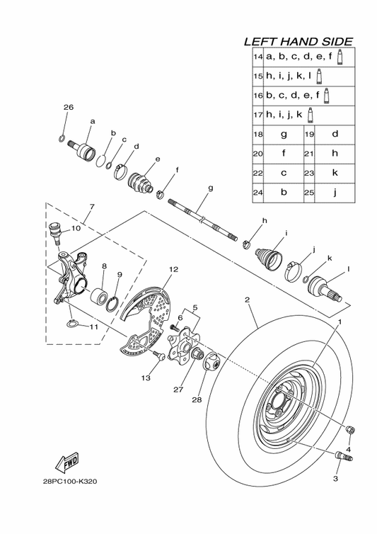 Yamaha 28P-23501-01 Steering Knuckle Assy (Left) — shown on the Front Wheel parts diagram