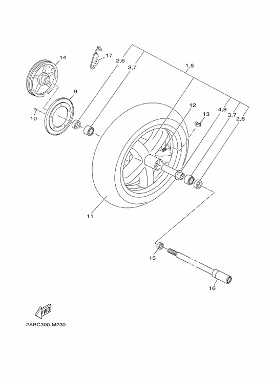 Yamaha 90387-15X17 Collar — shown on the Front Wheel parts diagram