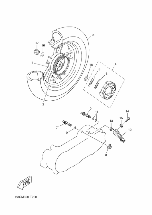 Yamaha 5C3-F5338-10 Cast Wheel, Rear — shown on the Rear Wheel parts diagram