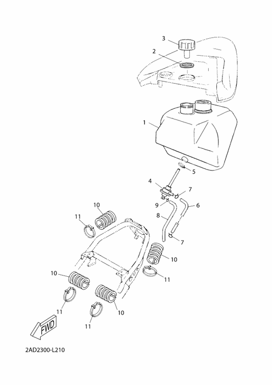 Yamaha 5RW-E4349-00 Pipe — shown on the Fuel Tank parts diagram
