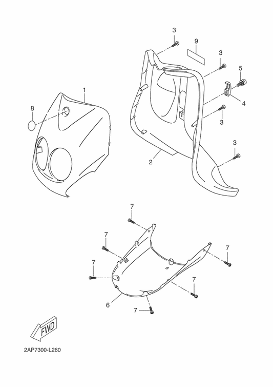 Yamaha 5C2-F8385-00 Cover, Lower — shown on the Leg Shield parts diagram