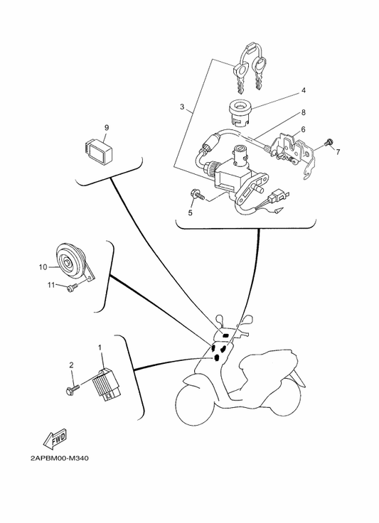 Yamaha 5C2-H2501-10 Main Switch Steering Lock — shown on the Electrical 1 parts diagram