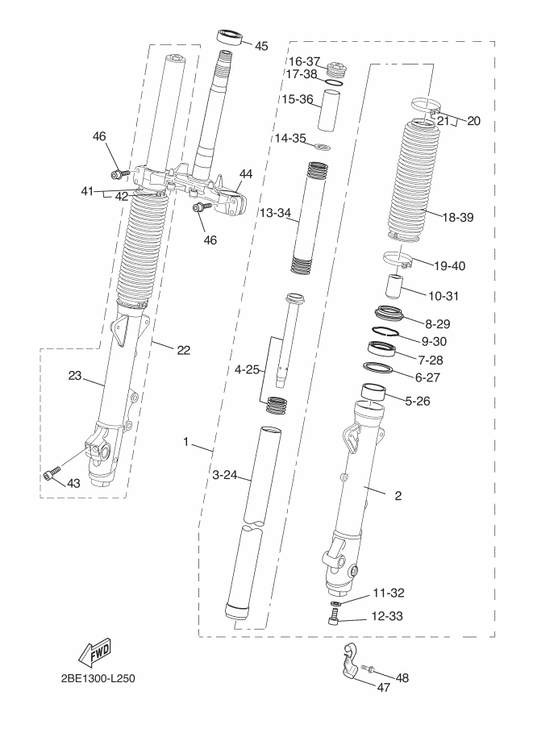 Yamaha 3TJ-23111-00 . Bolt, Cap — shown on the Front Fork parts diagram