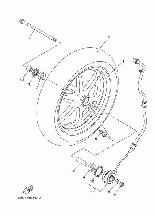 Yamaha 90185-10811 Nut, Self-Locking — shown on the Front Wheel parts diagram