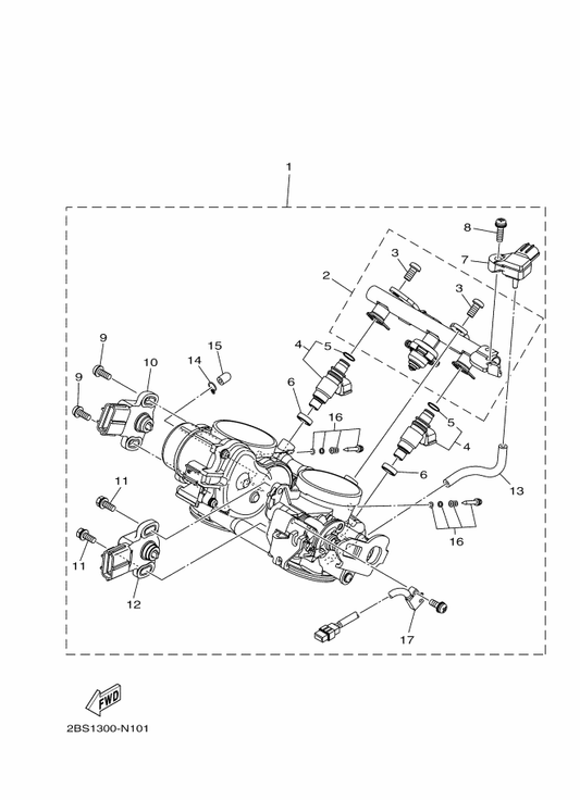 Yamaha 2BS-13750-00 Throttle Body Assy — shown on the Intake 2 parts diagram