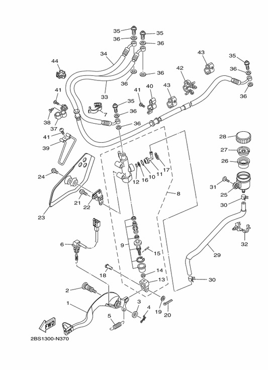 Yamaha 23P-25895-00 Hose, Reservoir — shown on the Rear Master Cylinder parts diagram