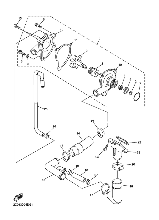 Yamaha 2C0-12588-00 Hose 5 — shown on the Water Pump parts diagram