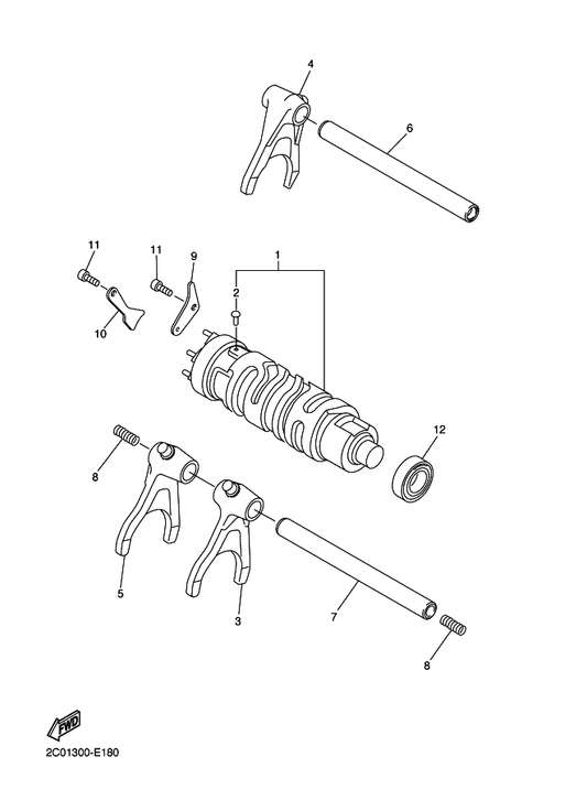 Yamaha 2C0-18512-00 Fork, Shift 2 — shown on the Shift Cam & Fork parts diagram