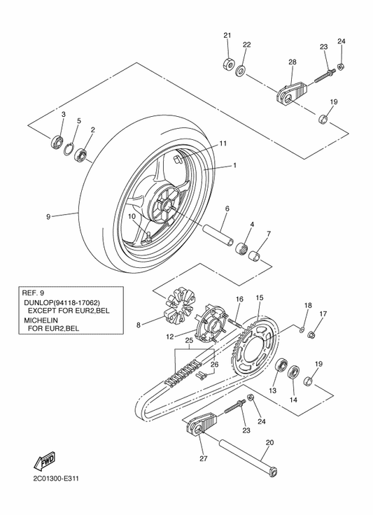 Yamaha 94118-17062 Tire(180/55Zr17M/C 73W D209Pt) — shown on the Rear Wheel parts diagram
