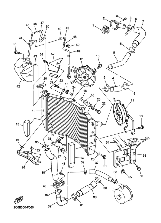 Yamaha 2C0-12461-00 Radiator Assy — shown on the Radiator & Hose parts diagram