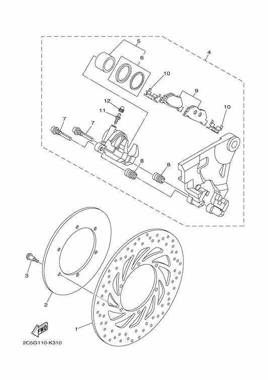 Yamaha 1D7-2580W-10 Caliper Assy, Rear 2 — shown on the Rear Brake Caliper parts diagram