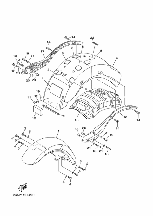 Yamaha 1D7-YK215-10-P1 Front Fender Comp. — shown on the Fender parts diagram