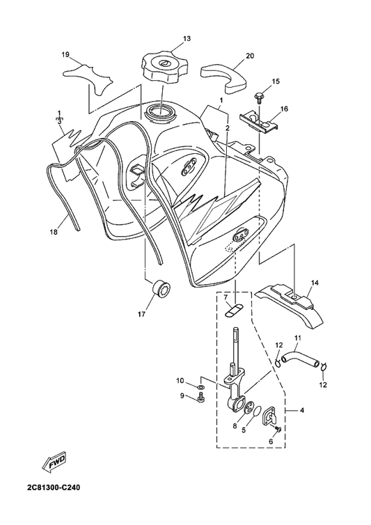 Yamaha 4TP-24500-00 Fuel Cock Assy 1 — shown on the Fuel Tank parts diagram