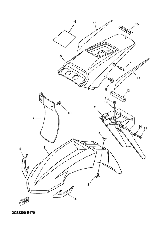 Yamaha 1D0-F1611-10 Fender, Rear — shown on the Fender parts diagram