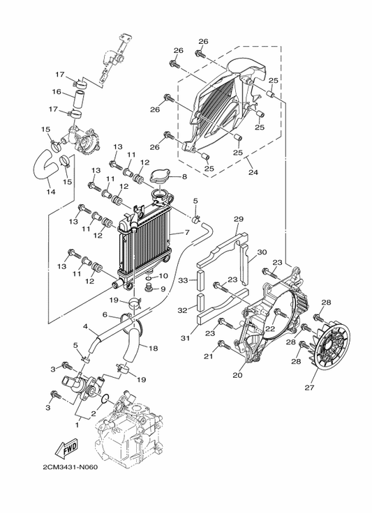 Yamaha 90467-090A3 Clip — shown on the Radiator & Hose parts diagram