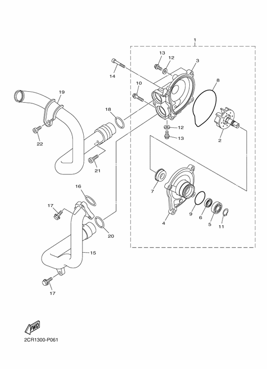 Yamaha 2CR-12450-01 . Impeller Shaft Assy — shown on the Water Pump parts diagram